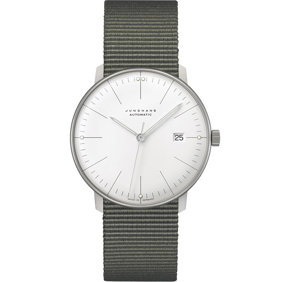 Junghans max bill Automatic mit Zifferblatt weiß und Gewebeband