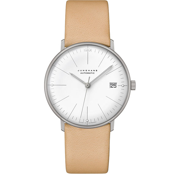 Junghans max bill Kleine Automatic 38 mit Edelstahl Gehäuse Zifferblatt weiß mit Lederband