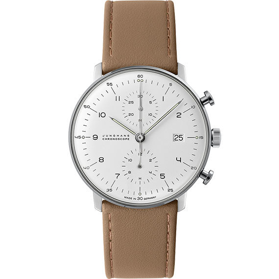 Junghans max bill Chronoscope mit Zifferblatt silber und Lederarmband