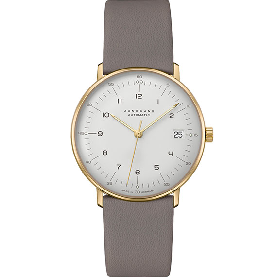 Junghans max bill Kleine Automatic 34 mit PVD Gehäuse Zifferblatt grau mit Lederband