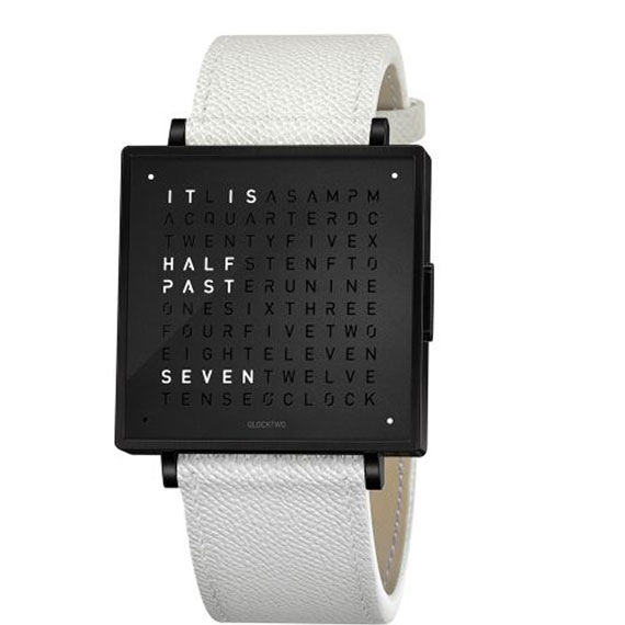 Qlocktwo W39 Black Steel French Grain Leder weiß